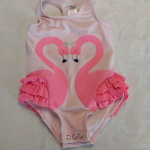 Carter's little girls sz 9 months pink swimsuit with flamingos and ruffles